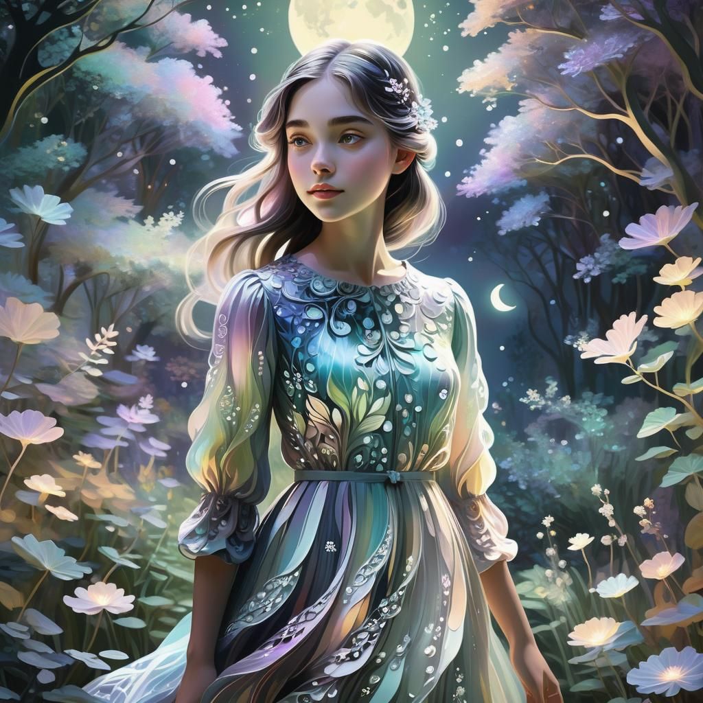Moonlit Garden Girl in Impressionistic Digital Art