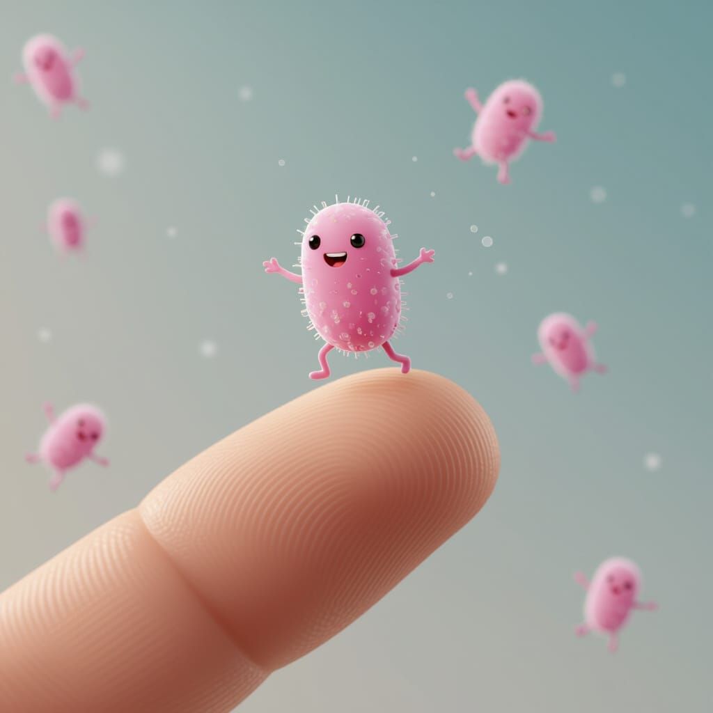 cheerful microorganism dancin' on a giant fingertip
