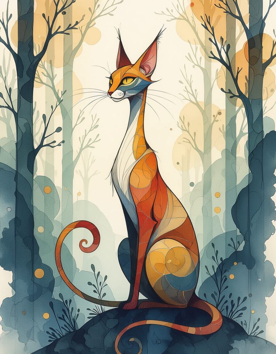 Abstract Cat in Mystical Forest, Watercolor & Ink Style