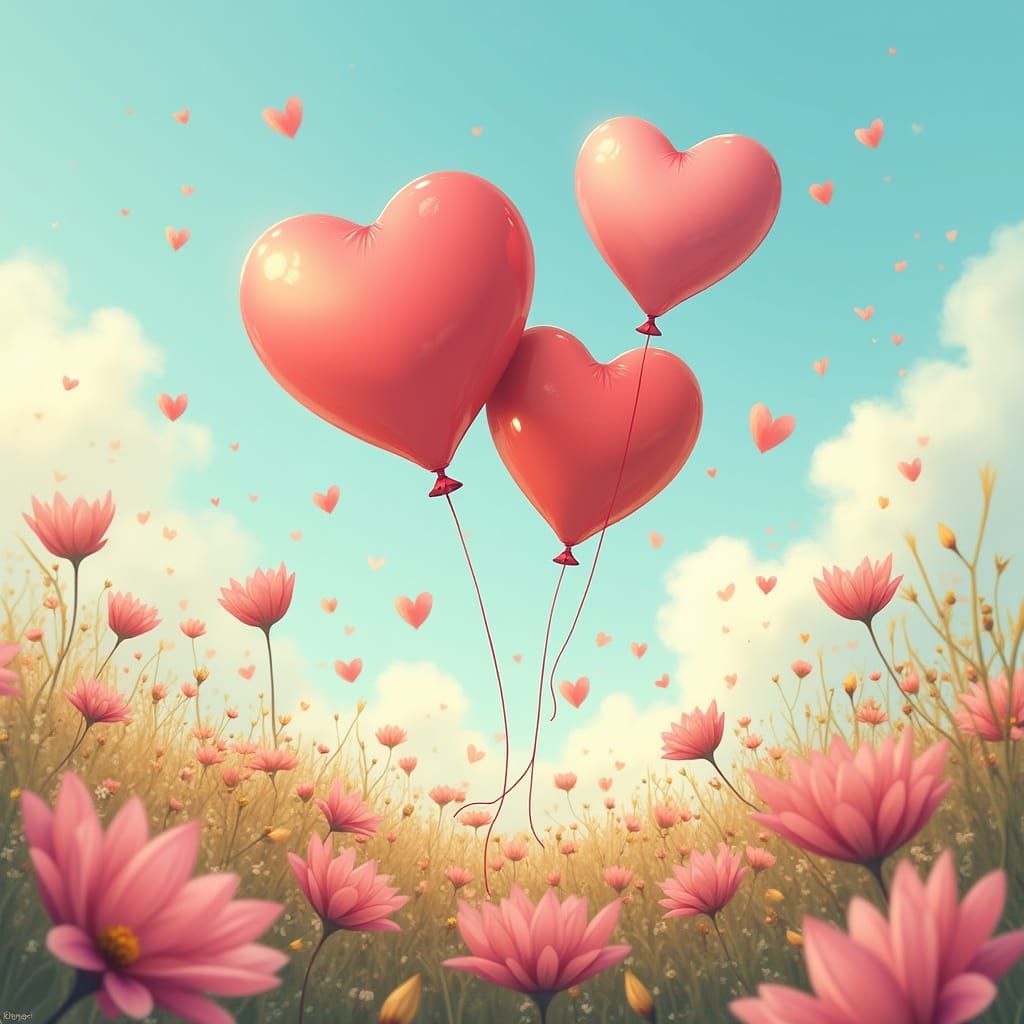 Heart Balloons Over Flower Meadow in Whimsical Style