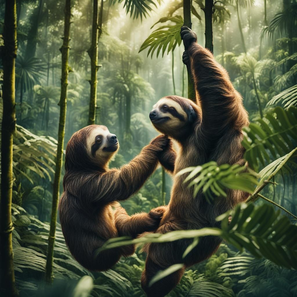 Sloths High-Fiving in Jungle Canopy: Cinematic Film Still