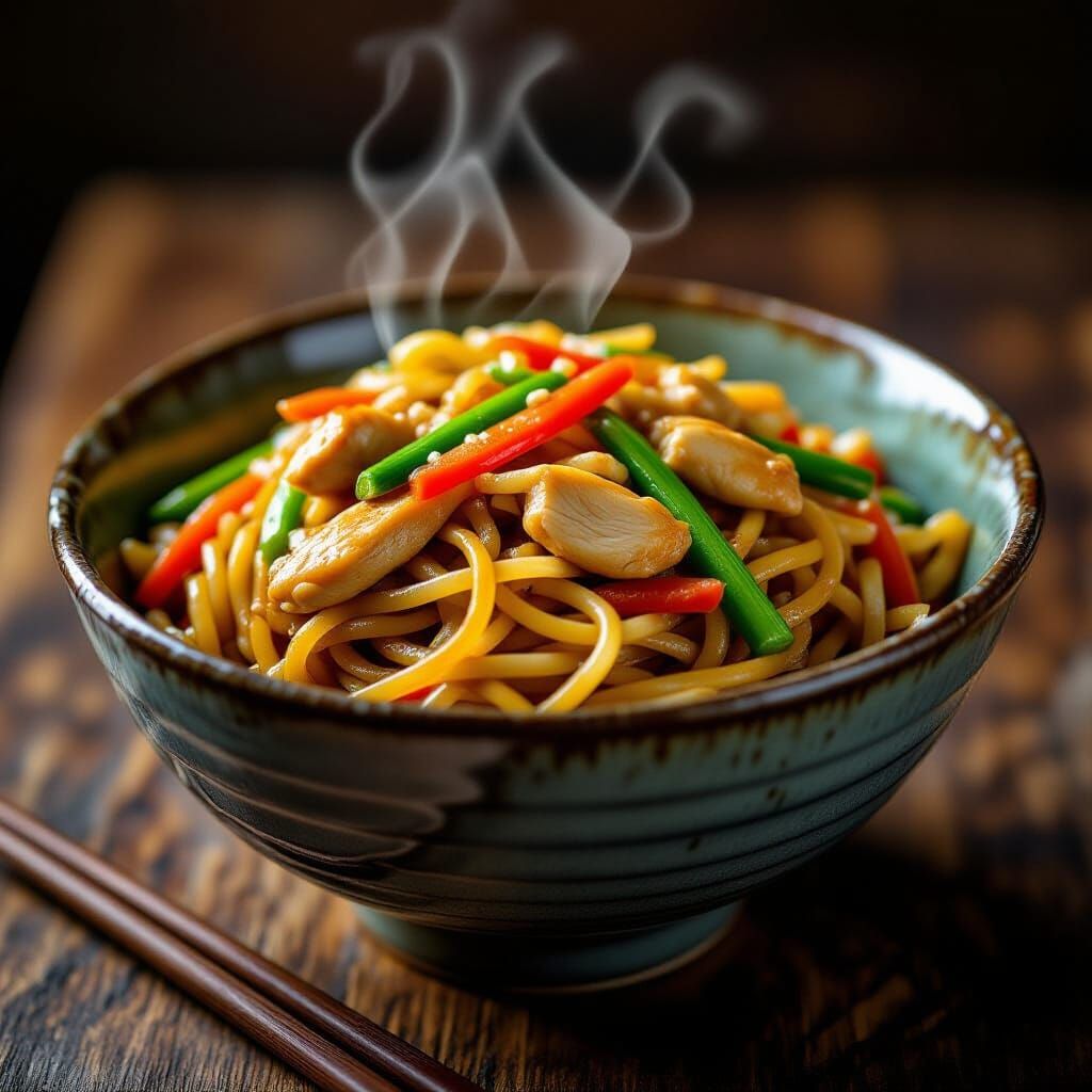 Steaming Bowl of Chow Mein in Hyperrealistic Style