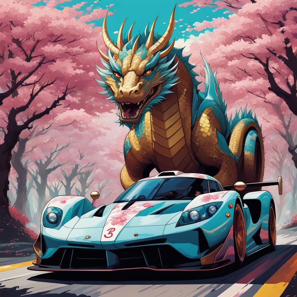 Japanese Dragon Races Through Cherry Blossoms