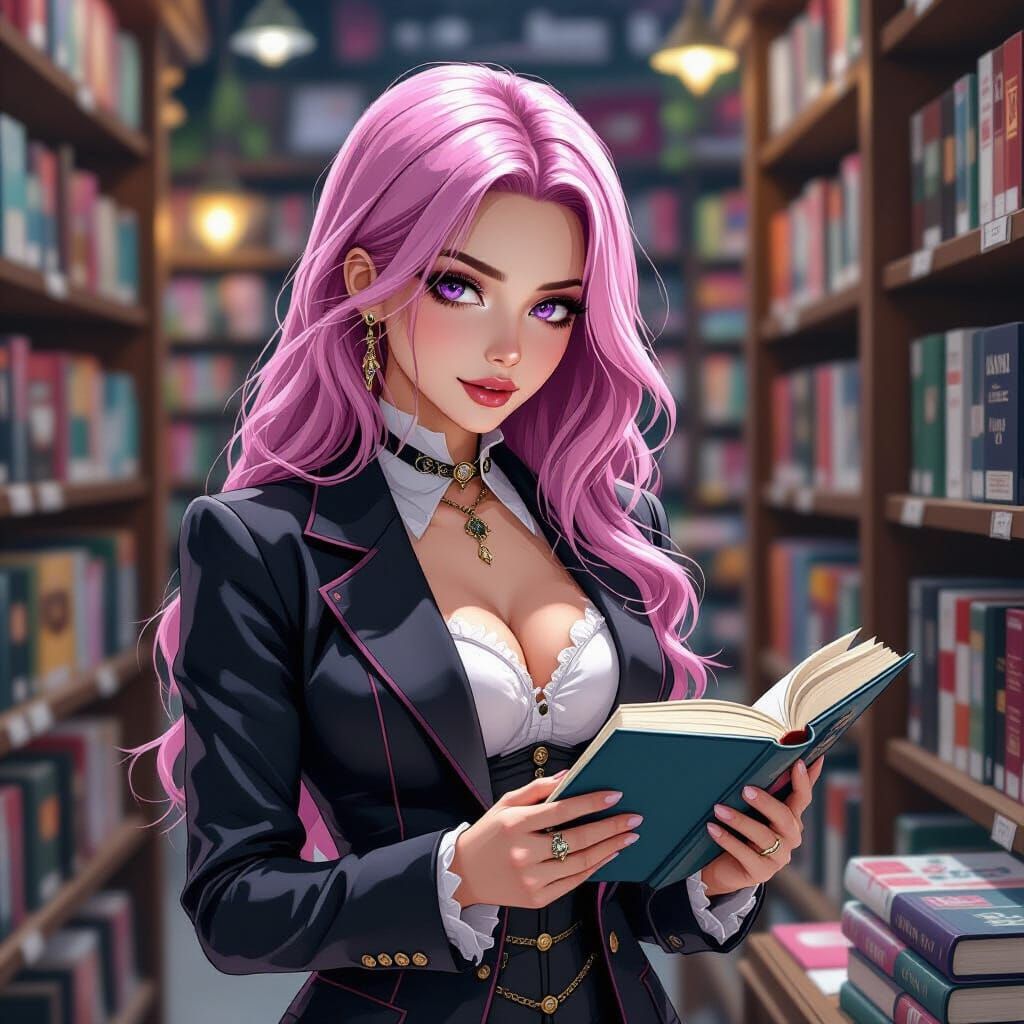 Pink Haired Woman in Gothic Suit Chooses Book