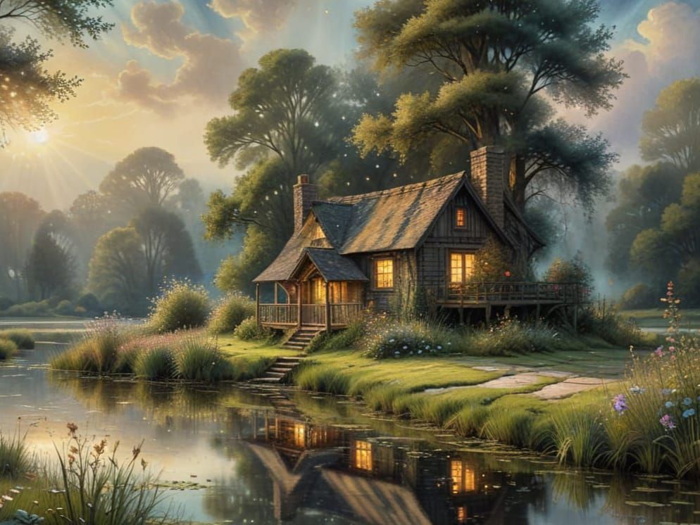 Ethereal Summer Watercolor Landscape with Rustic Cabin