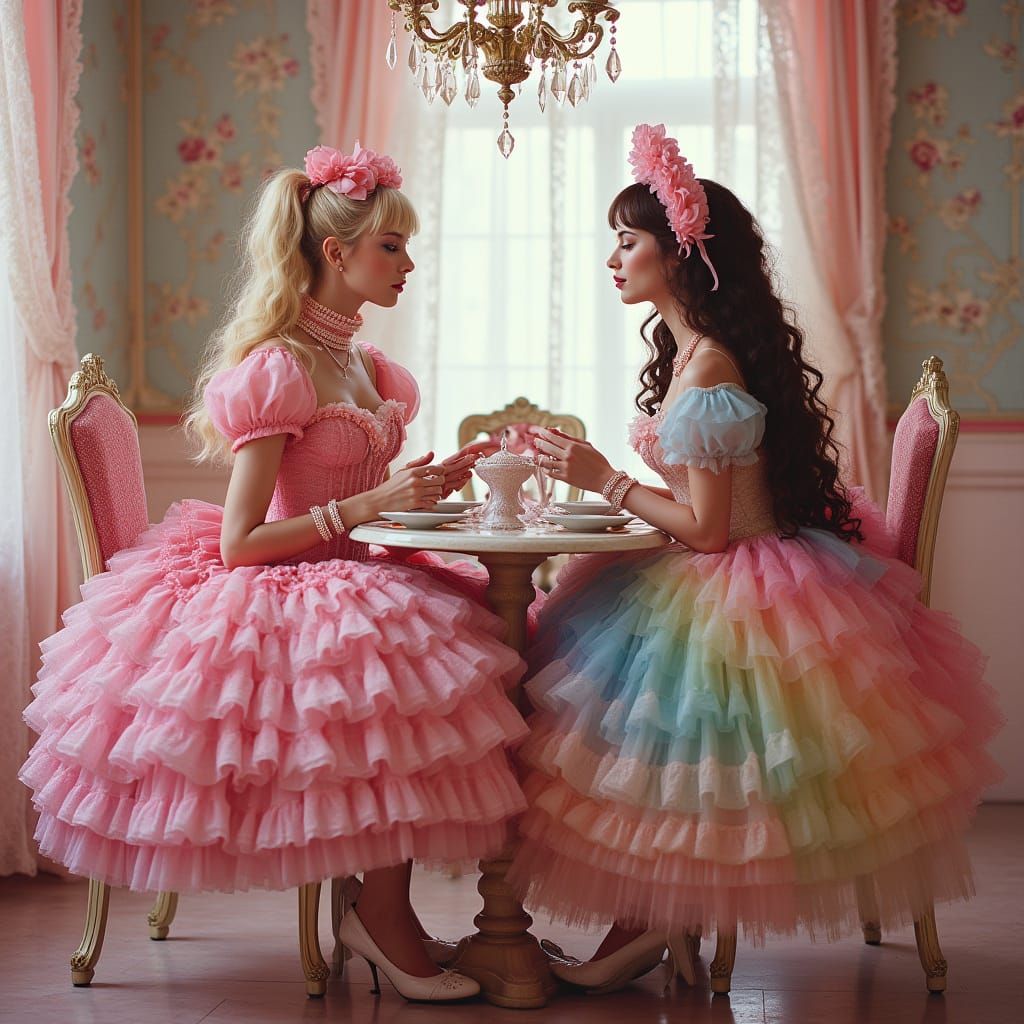 Delicate Sissy Women at a Whimsical Tea Party in Pastel Pink...