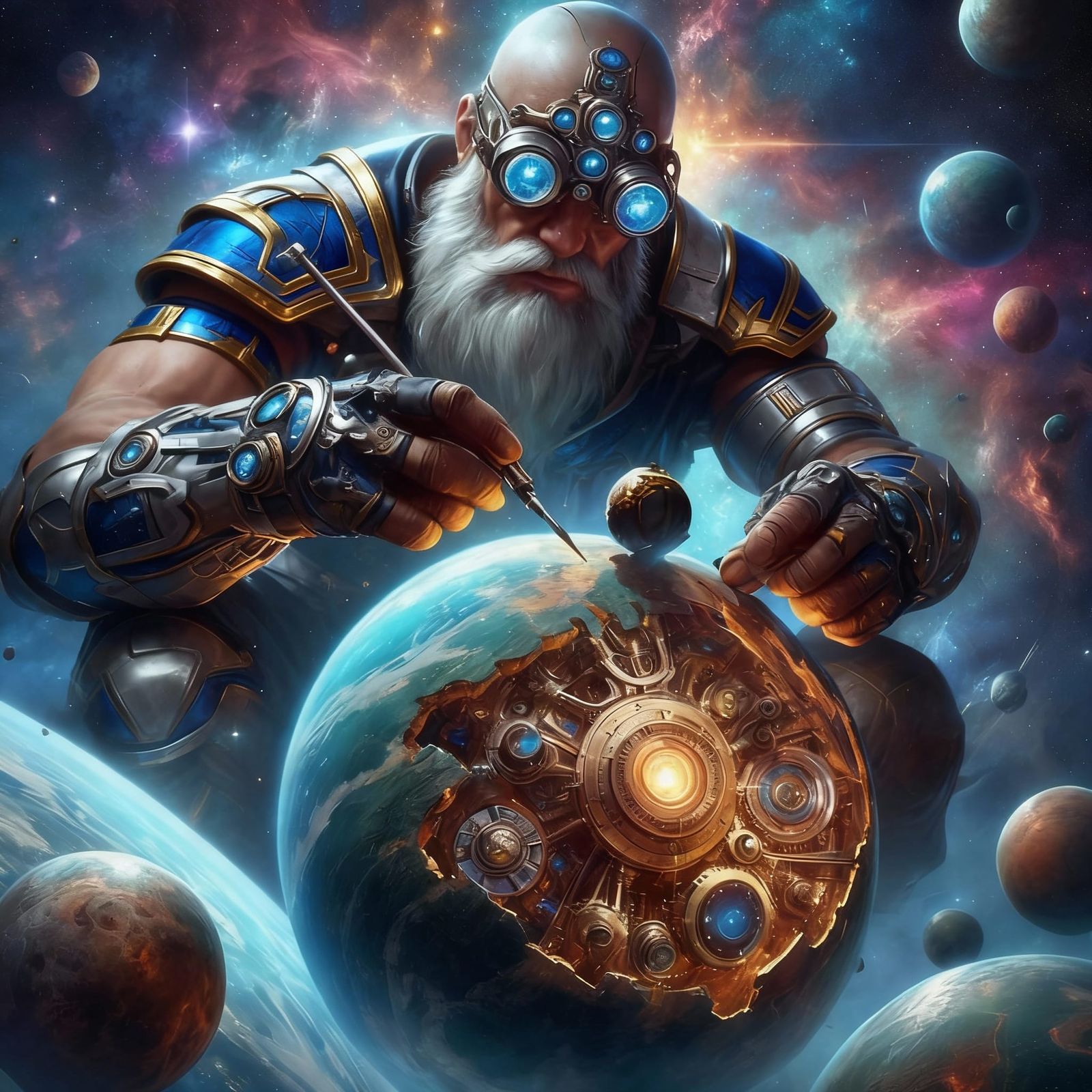 Cosmic Engineer God Fixing Cracked Planet in Outer Space