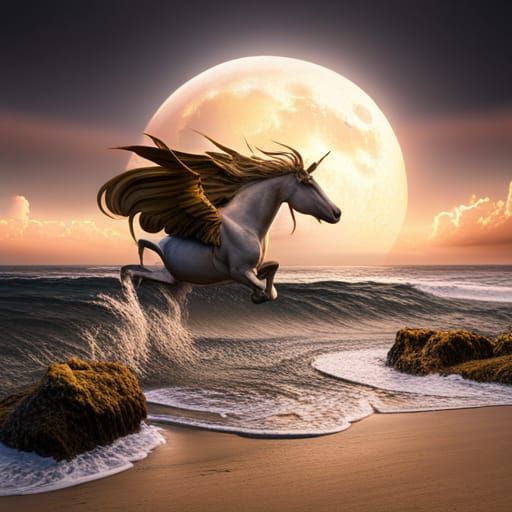 Unicorn Jumping on Beach Under Full Moon