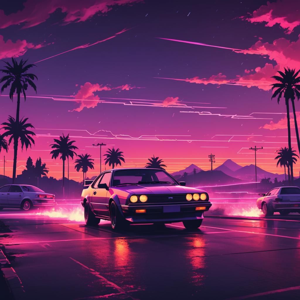 Synthwave Car Drifting into Neon Sunset