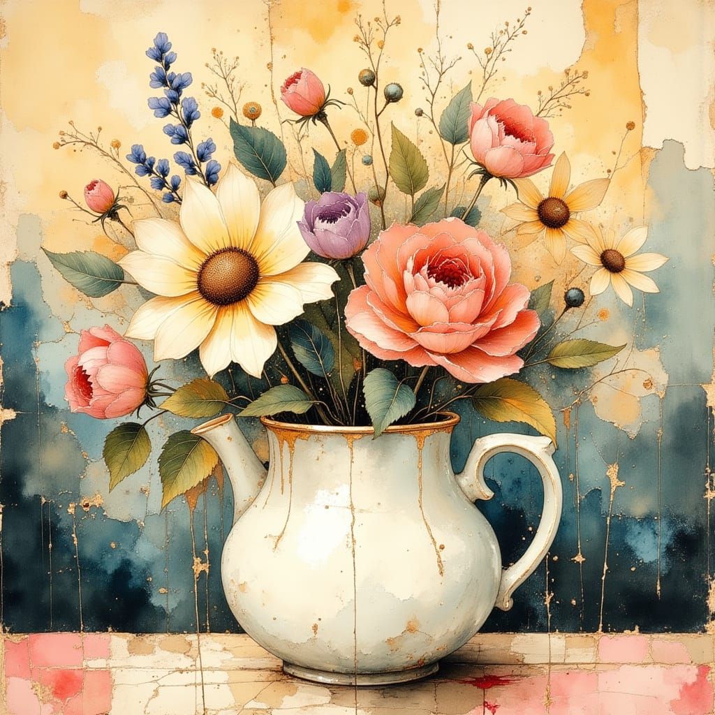 Pastel Flowers in Earthy Landscape, Eclectic Style