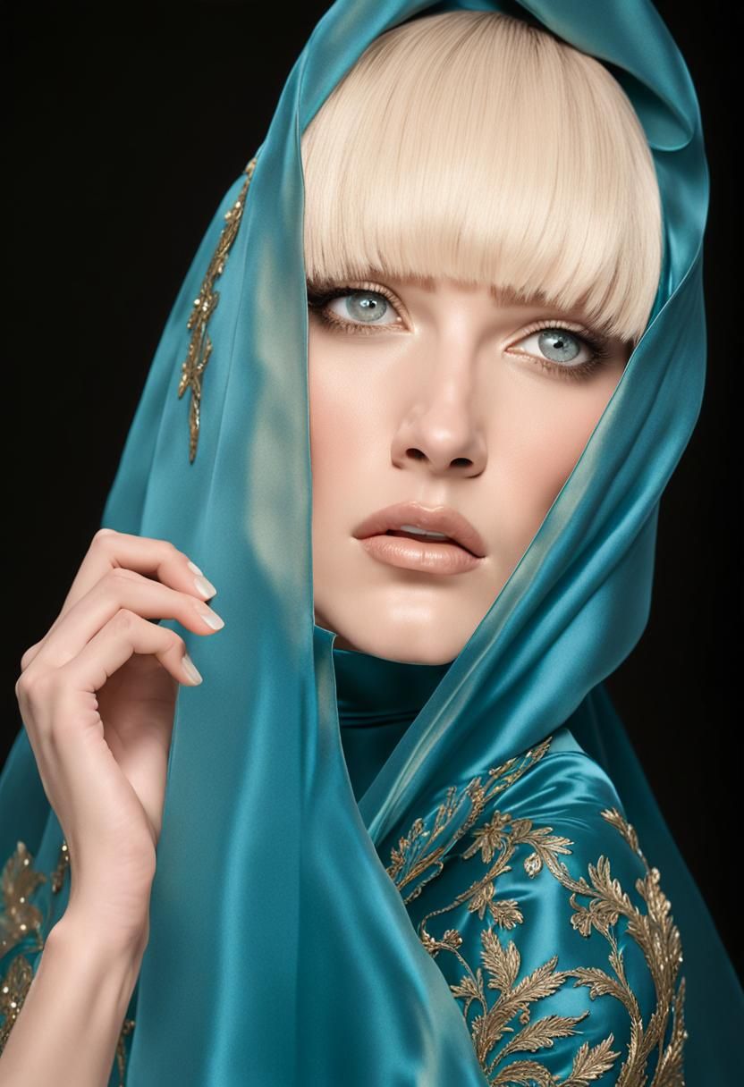 Regal, statuesque figure stands poised, enveloped in a respl...