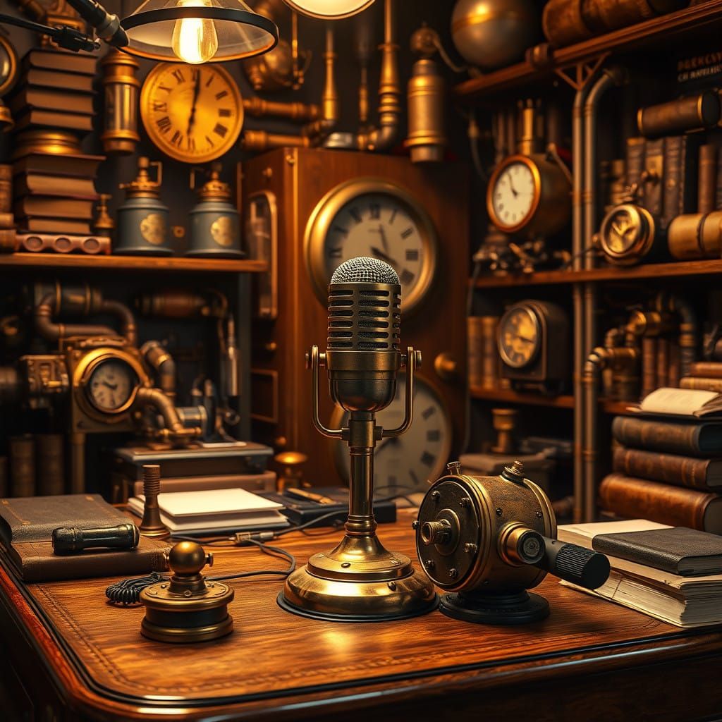 Steampunk Podcast Studio Art in Industrial Fantasy Style