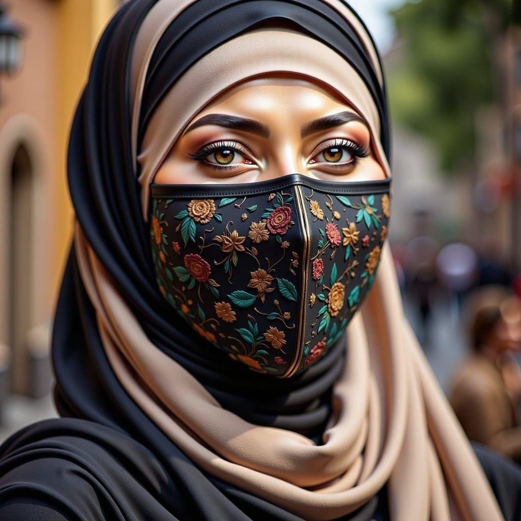 A Serene Hijabi Woman in a Floral Landscape