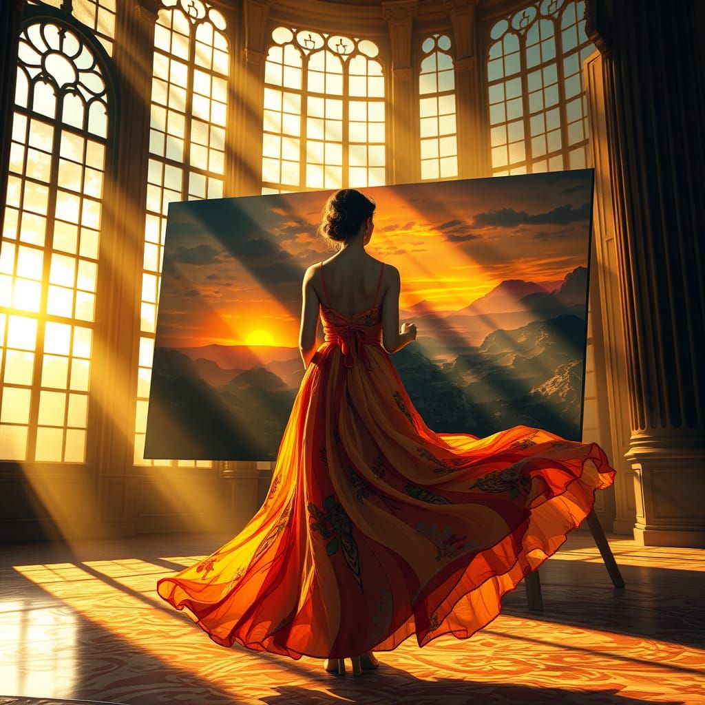 Woman Paints Vibrant Sunset in Sun-Drenched Room with Toweri...