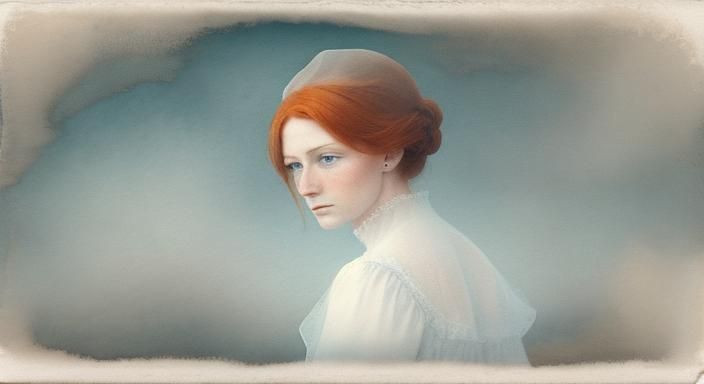 Auburn-Haired Ghost with Postcard, Watercolor Style