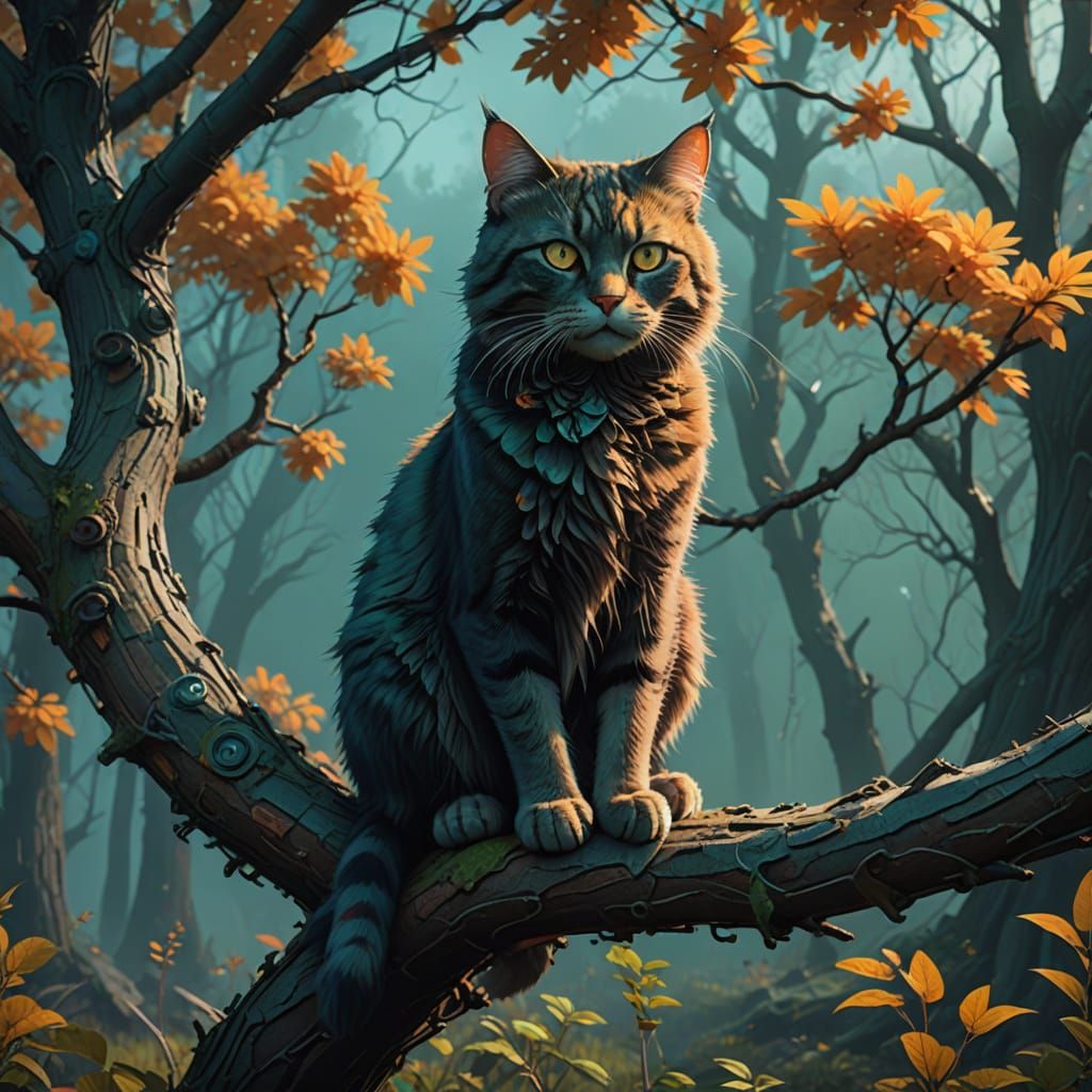 Fantastical Whimsical Cat on a Gnarled Tree Branch