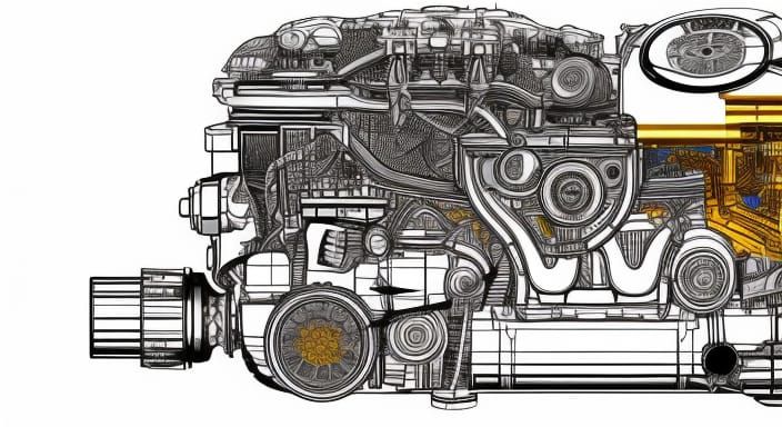 Detailed Engine Blueprint in Modern Ink Drawing
