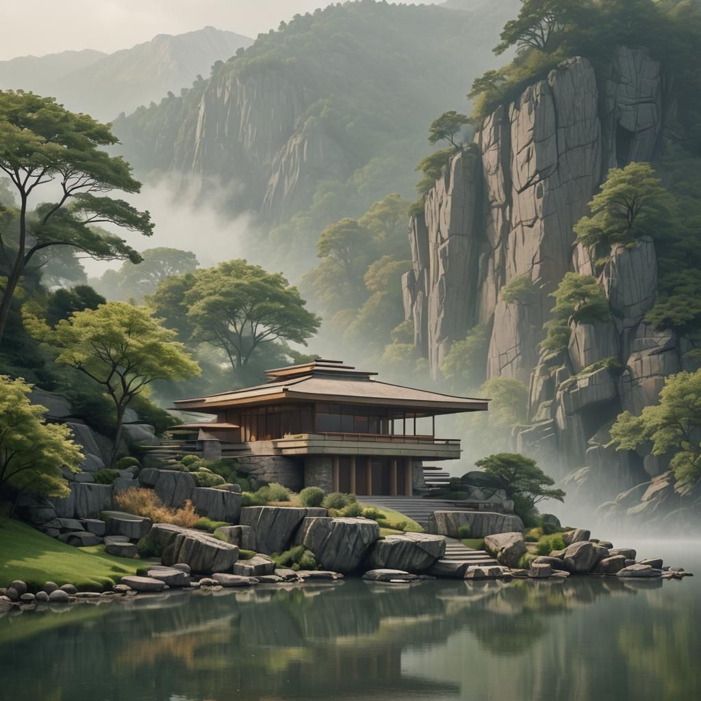 Stone Pavilion on Misty Mountain: Architectural Concept Art
