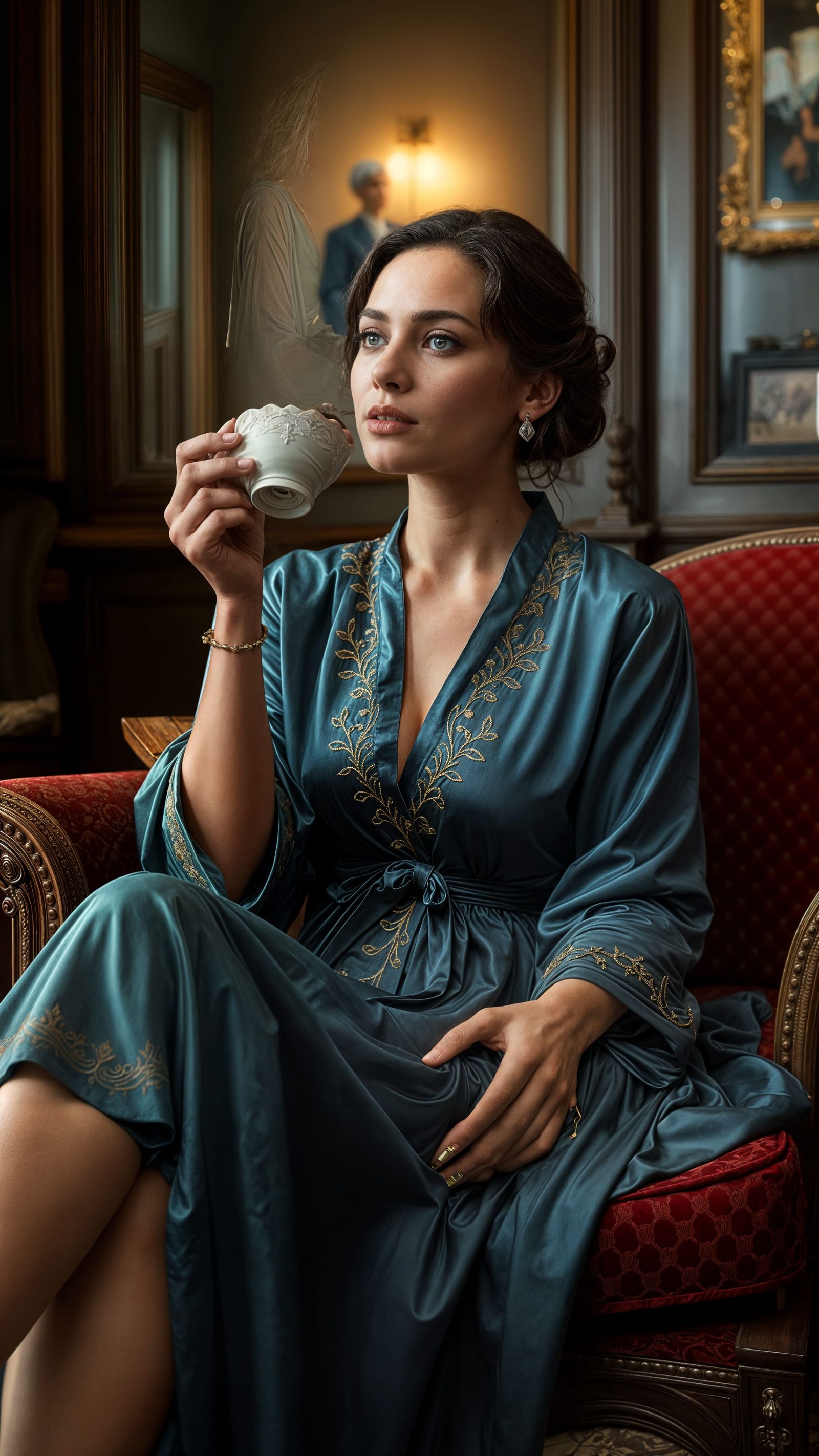 Elegant Woman Enjoying Tea in English Living Room