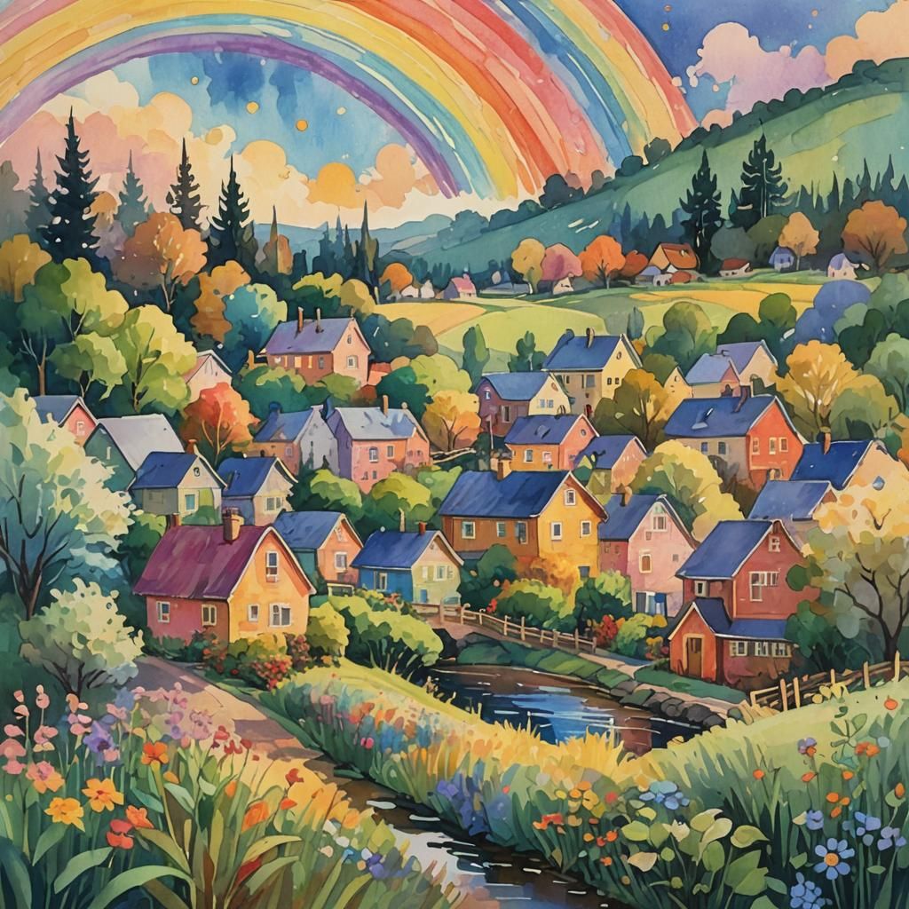 Village Rainbow: A Gouache-Style Impressionist Masterpiece