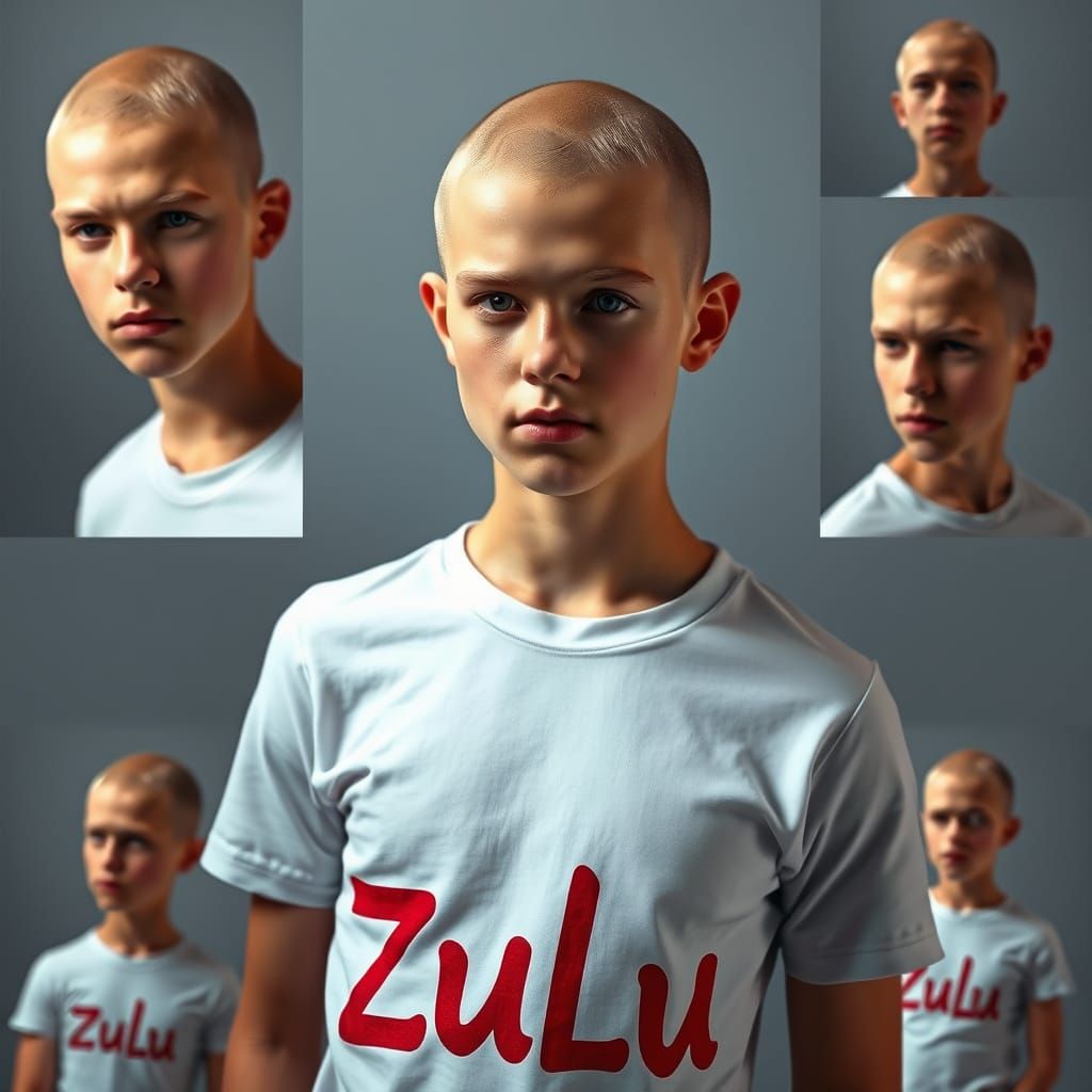 Confident Young Blond Boy in Studio, Hyper-Realistic Portrai...