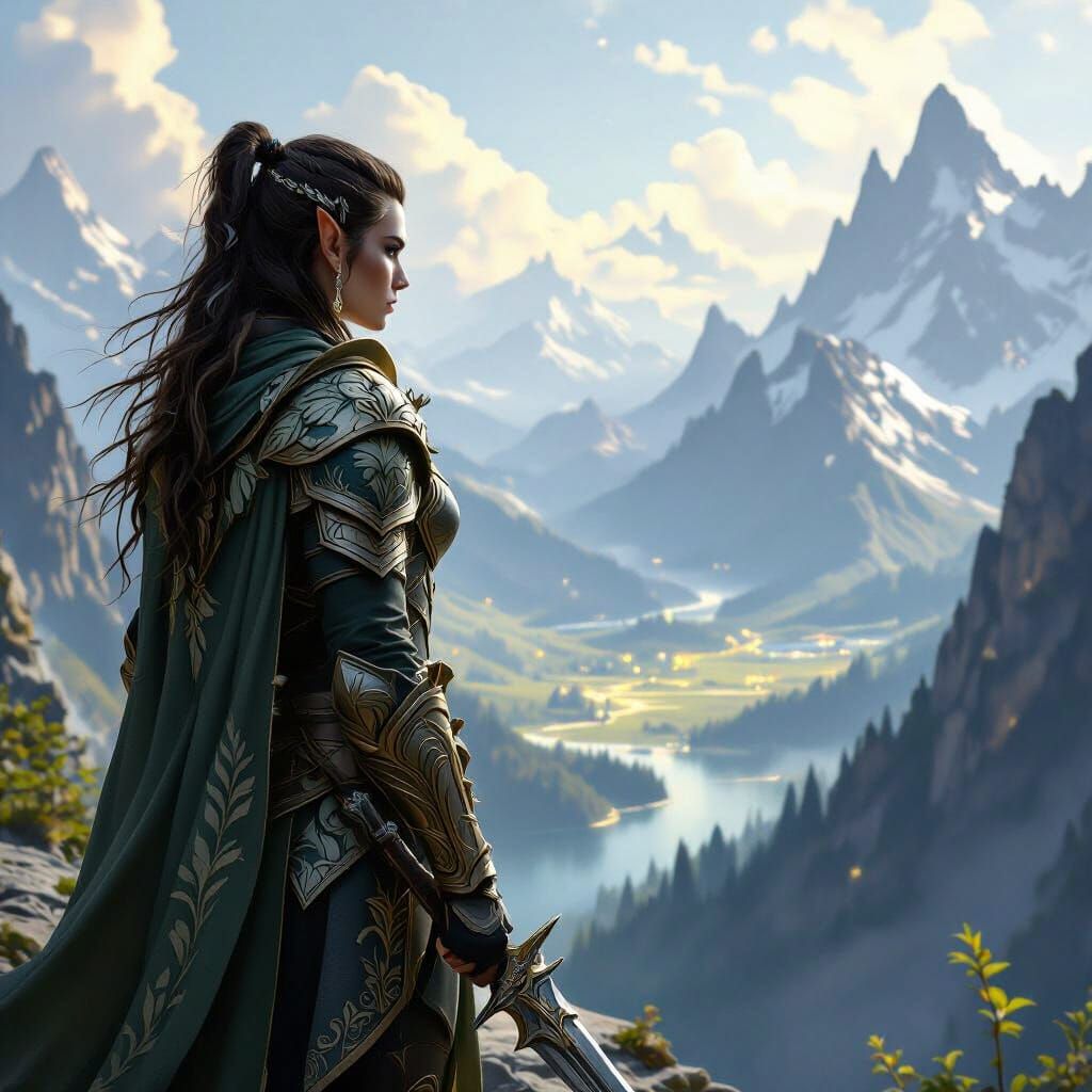 Elf Warrior Surveys Fantasy Valley from Mountain Peak