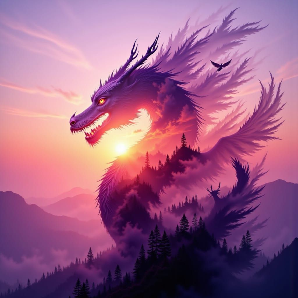 Surreal Merged Dragon and Phoenix Silhouettes in Dawn Twilig...