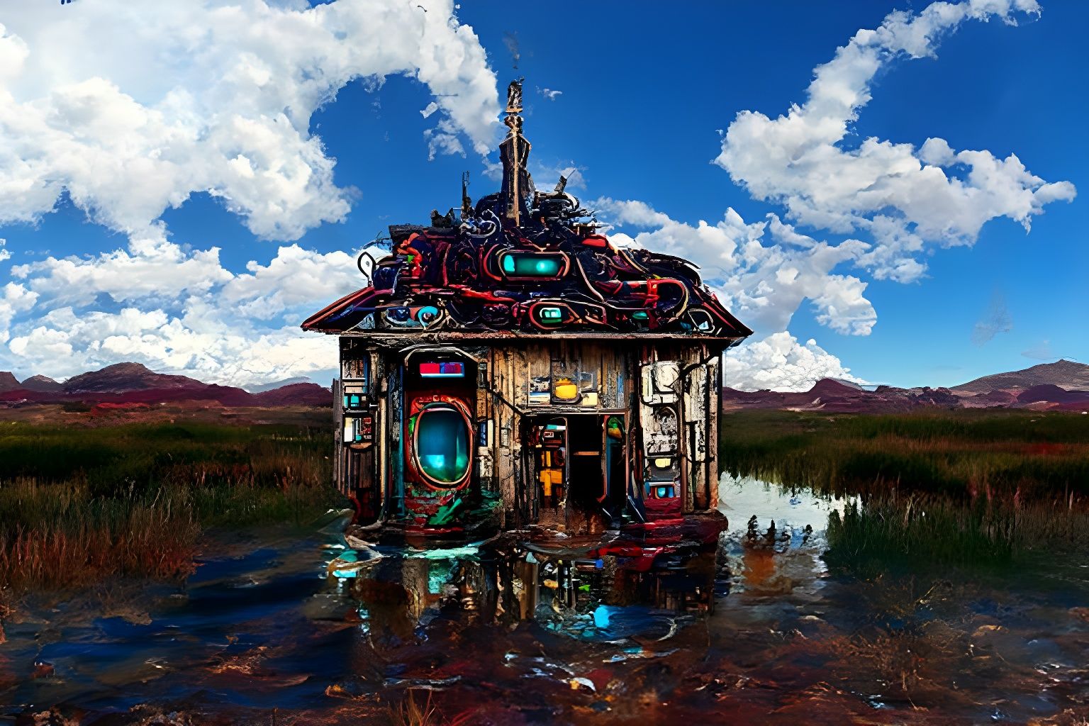 Bioluminescent Robotic Shack in Dream Landscape