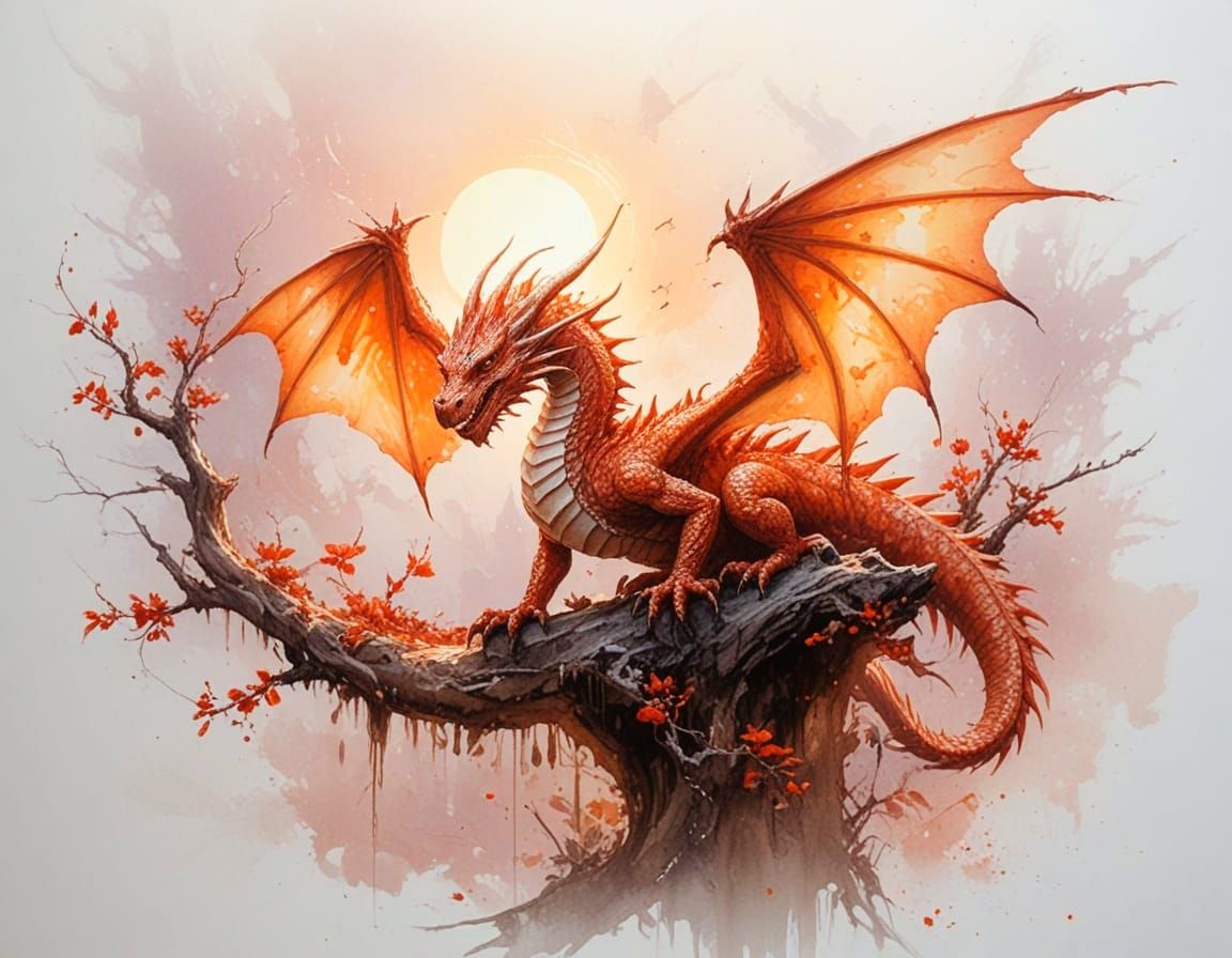 Dragon on Cherry Branch at Sunset, Mist and Pagoda