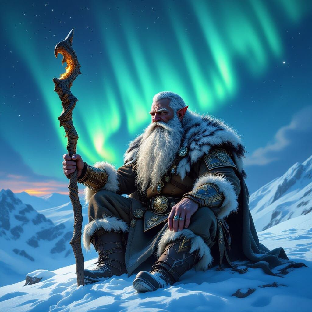 A wizened mountain dwarf, his beard as long as his body, sits cross-legged atop the highest peak, gazing at the aurora b...