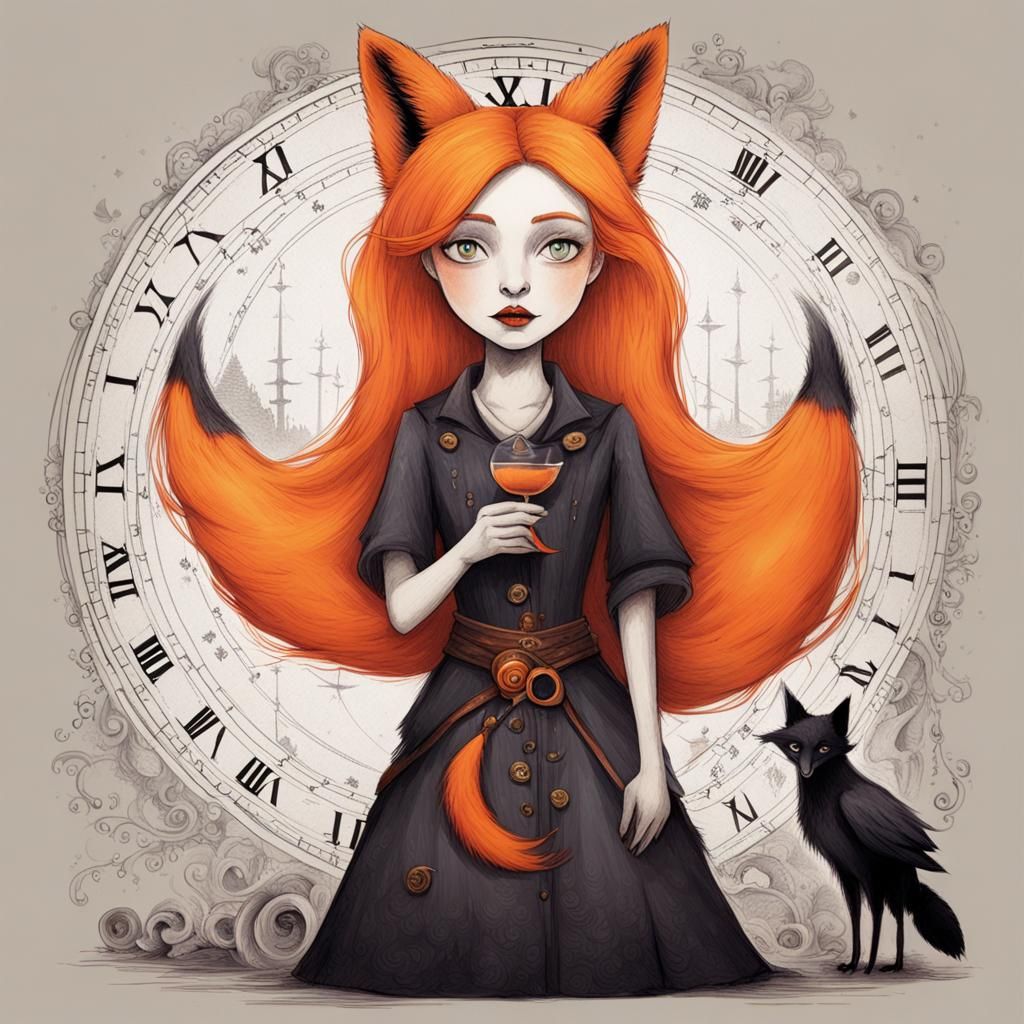 Cartoon Fox Woman with Raven in Burton Style
