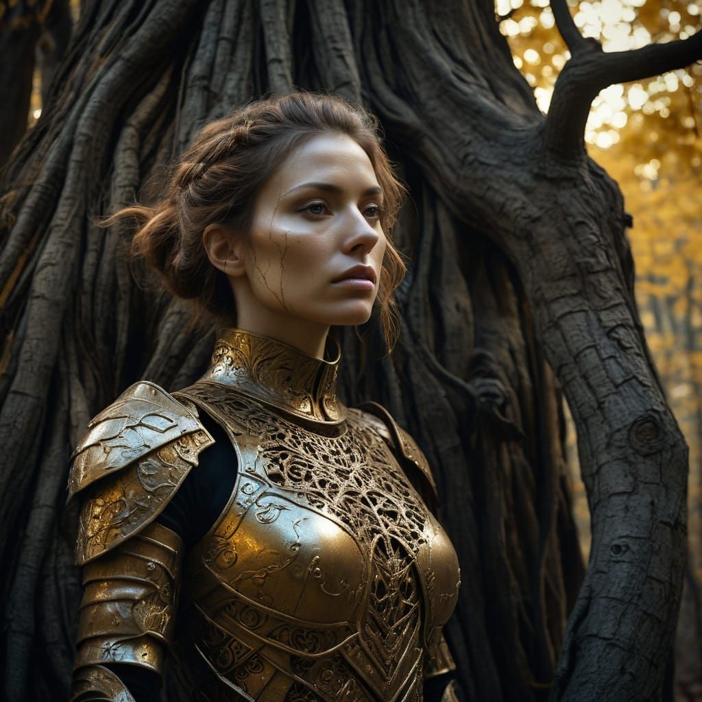 Sorrowful Beauty Leans Against Ancient Life Tree