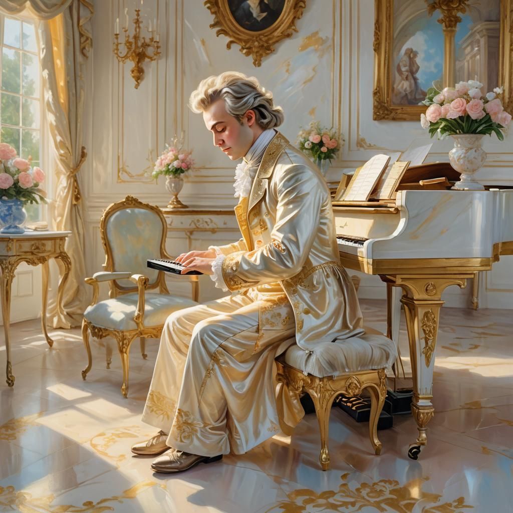 Mozart at the Piano in Rococo Oil Painting