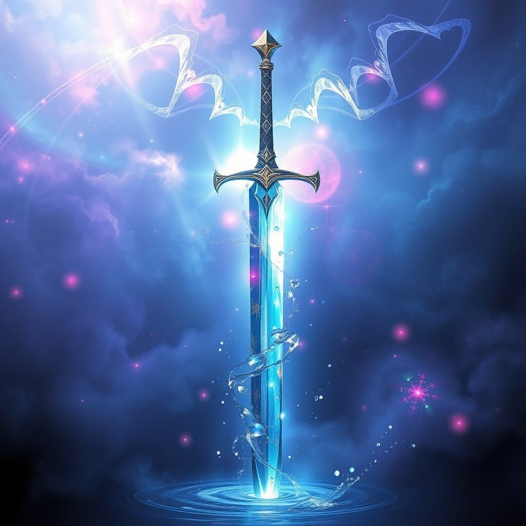 Majestic Crystal Sword in Neon Misty Landscape