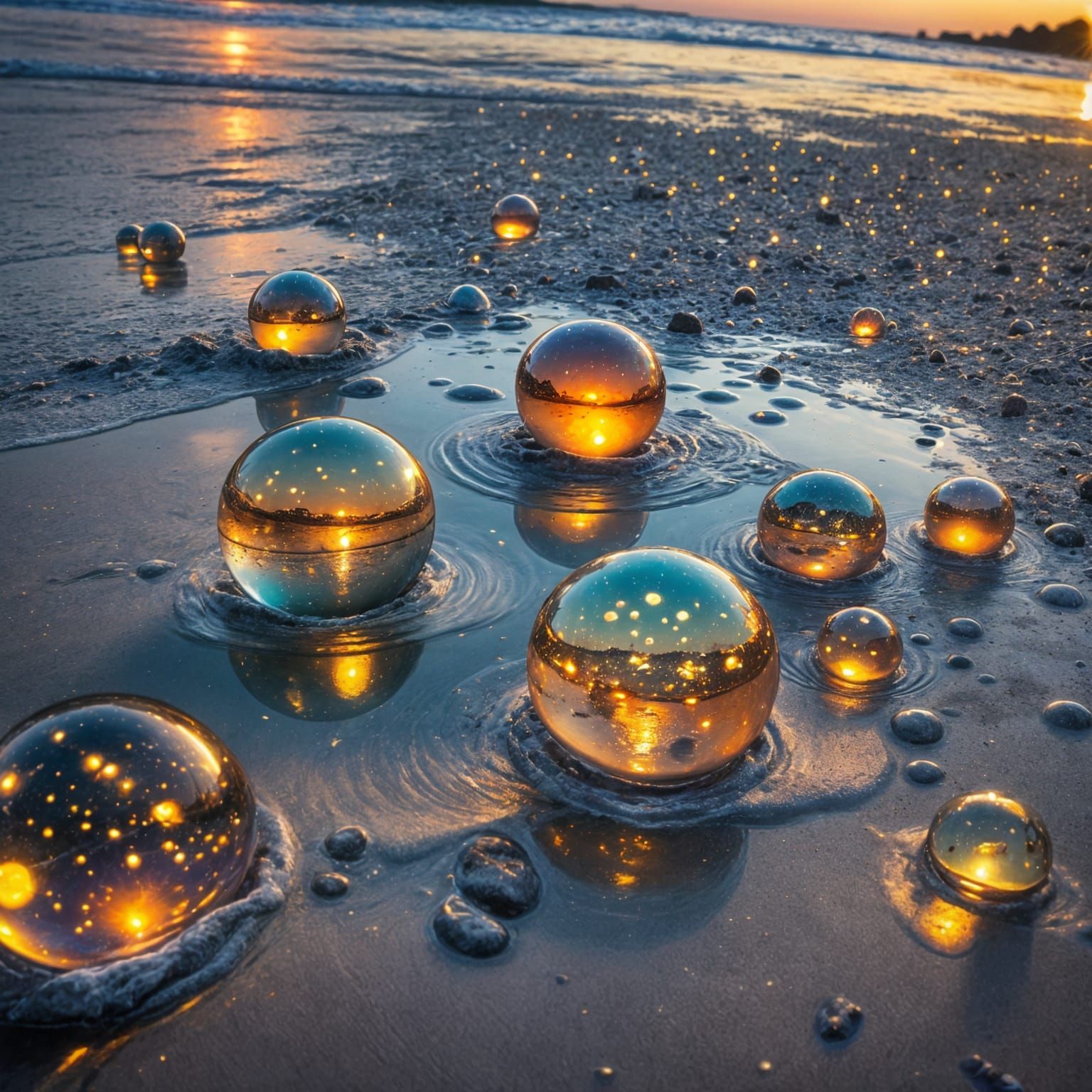 Sunset Reflections in Glass Orbs on Beach
