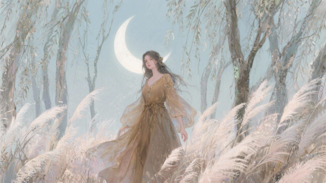 Mystical Woman in Moonlit Willows