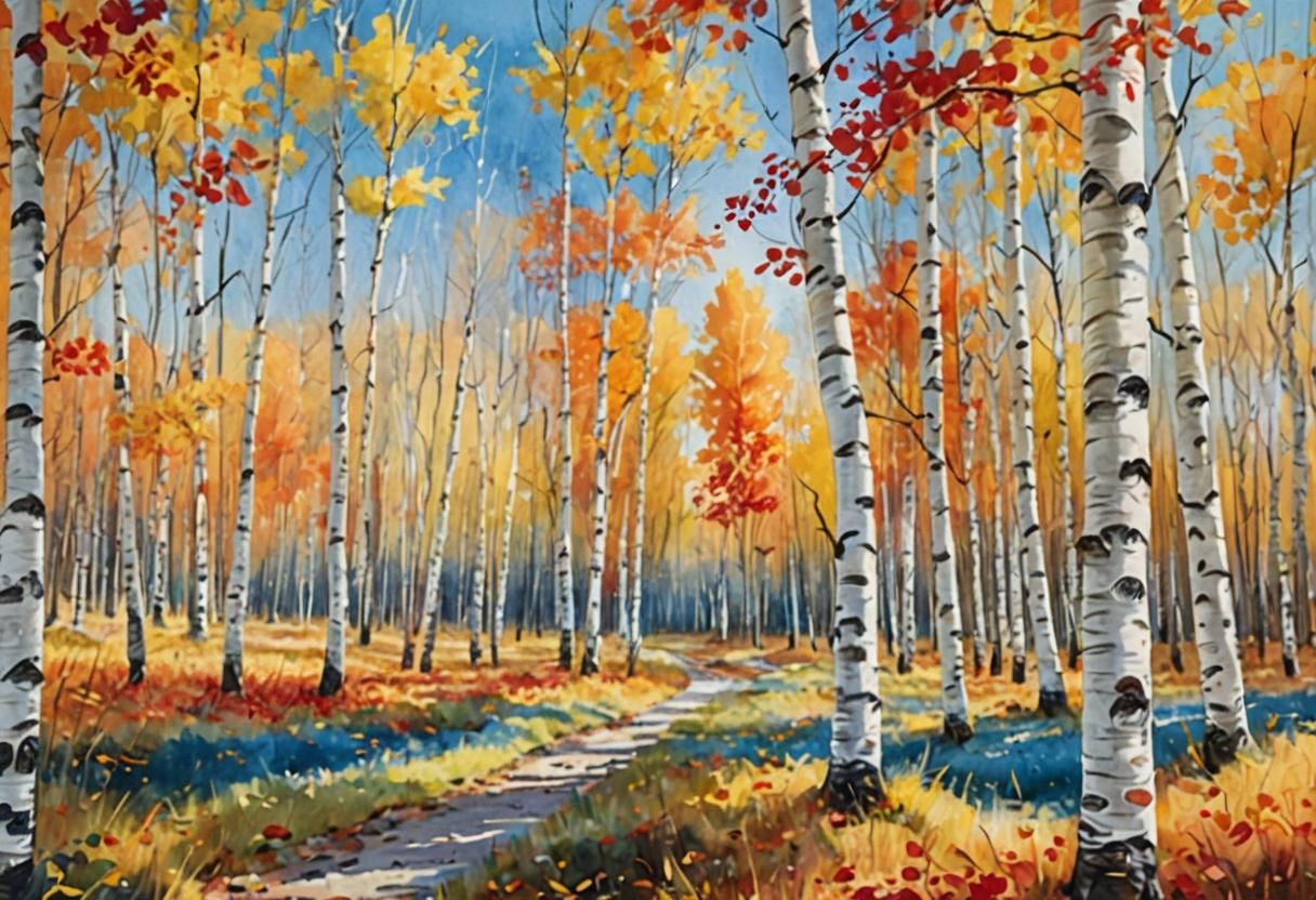 Autumn Birch Grove in Watercolor Impressionism