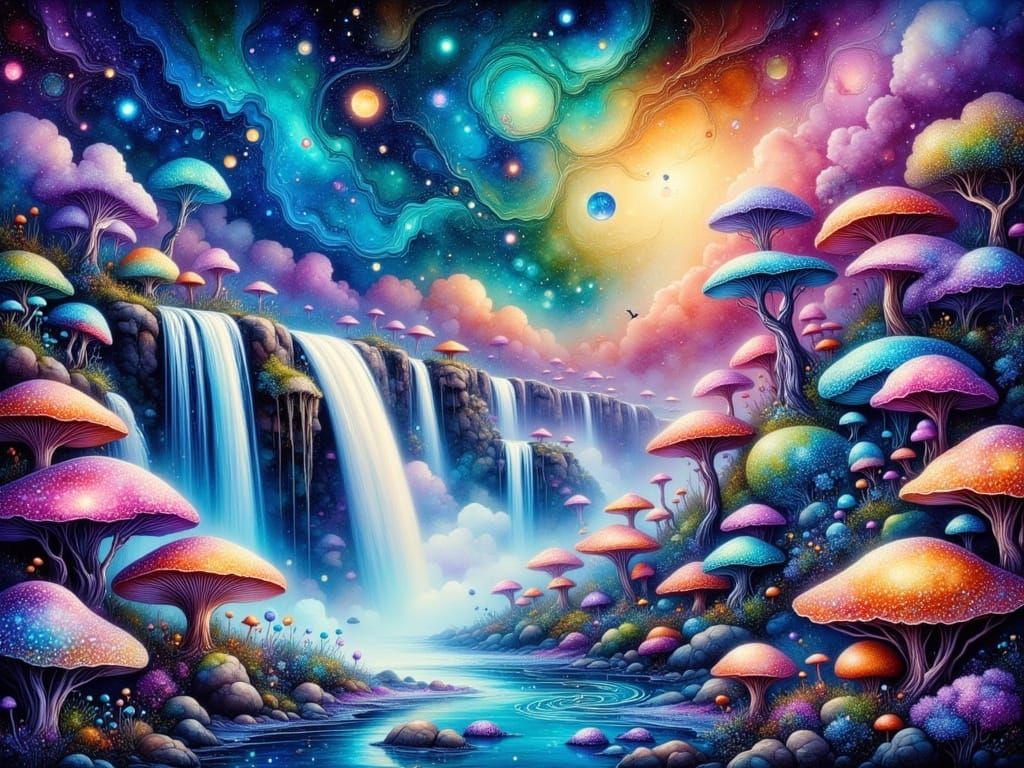 Vibrant Surreal Landscape with Bioluminescent Waterfalls