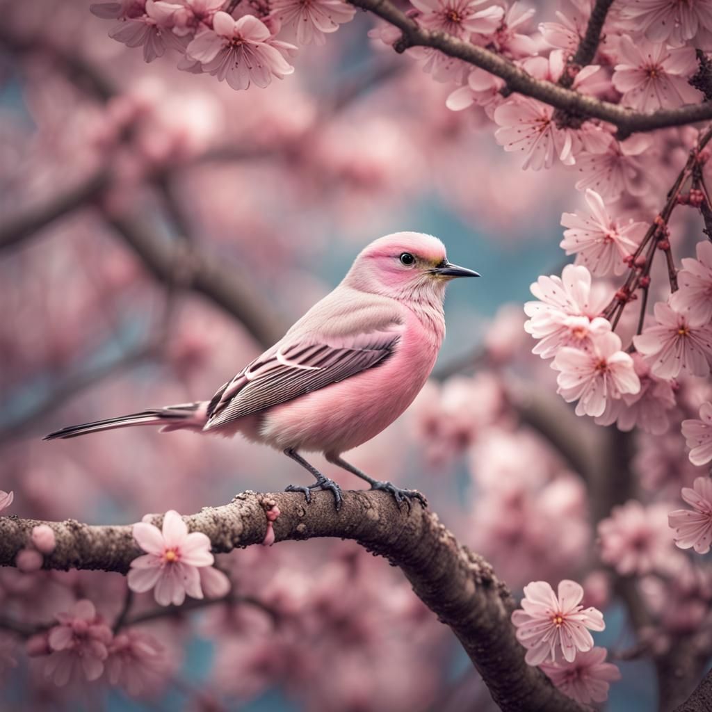 Pastel Bird in Cherry Blossom Tree: Hyperrealistic Image