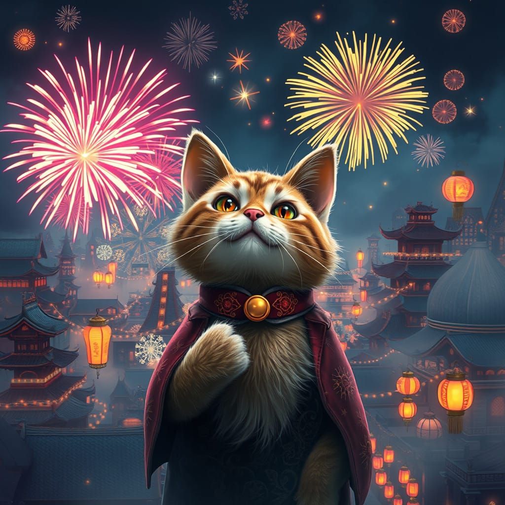 Whiskered Feline in New Year's Metropolis