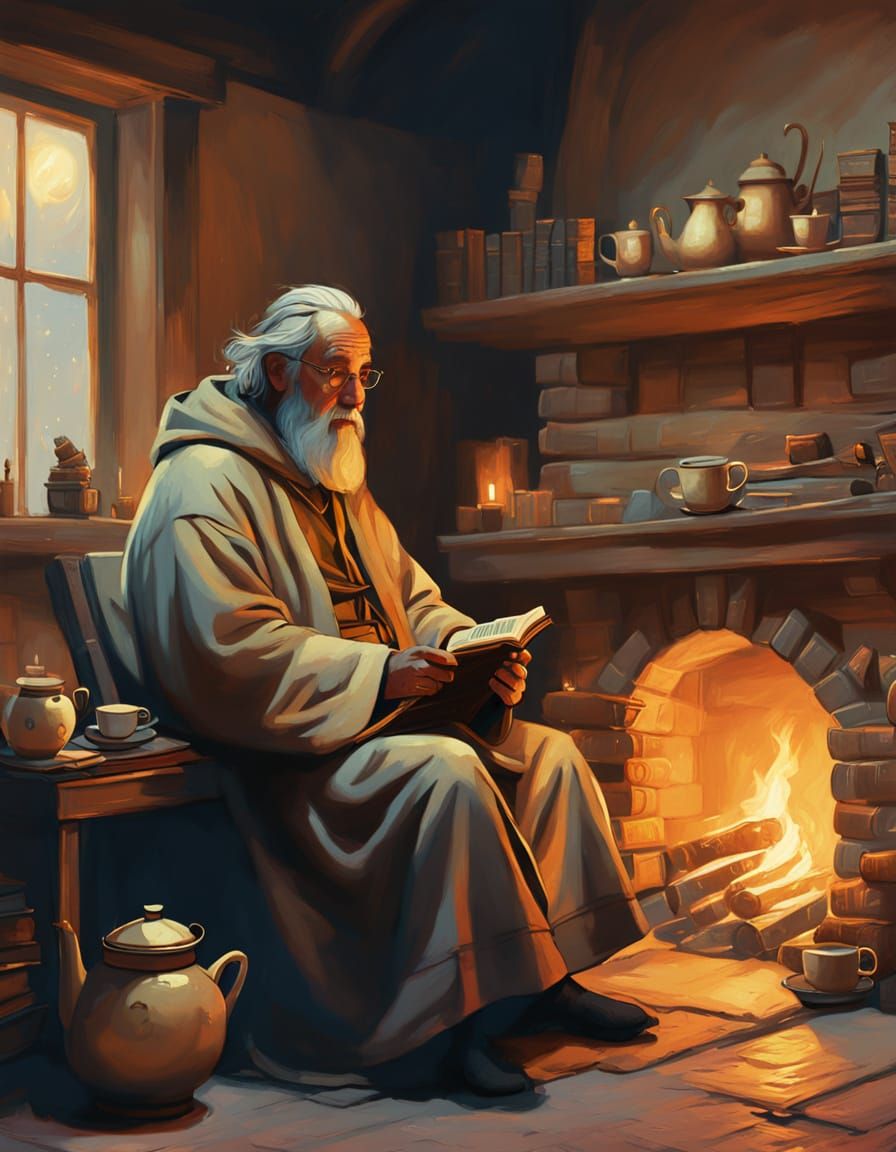 Cozy Fantasy: Retired Mage by Fireplace