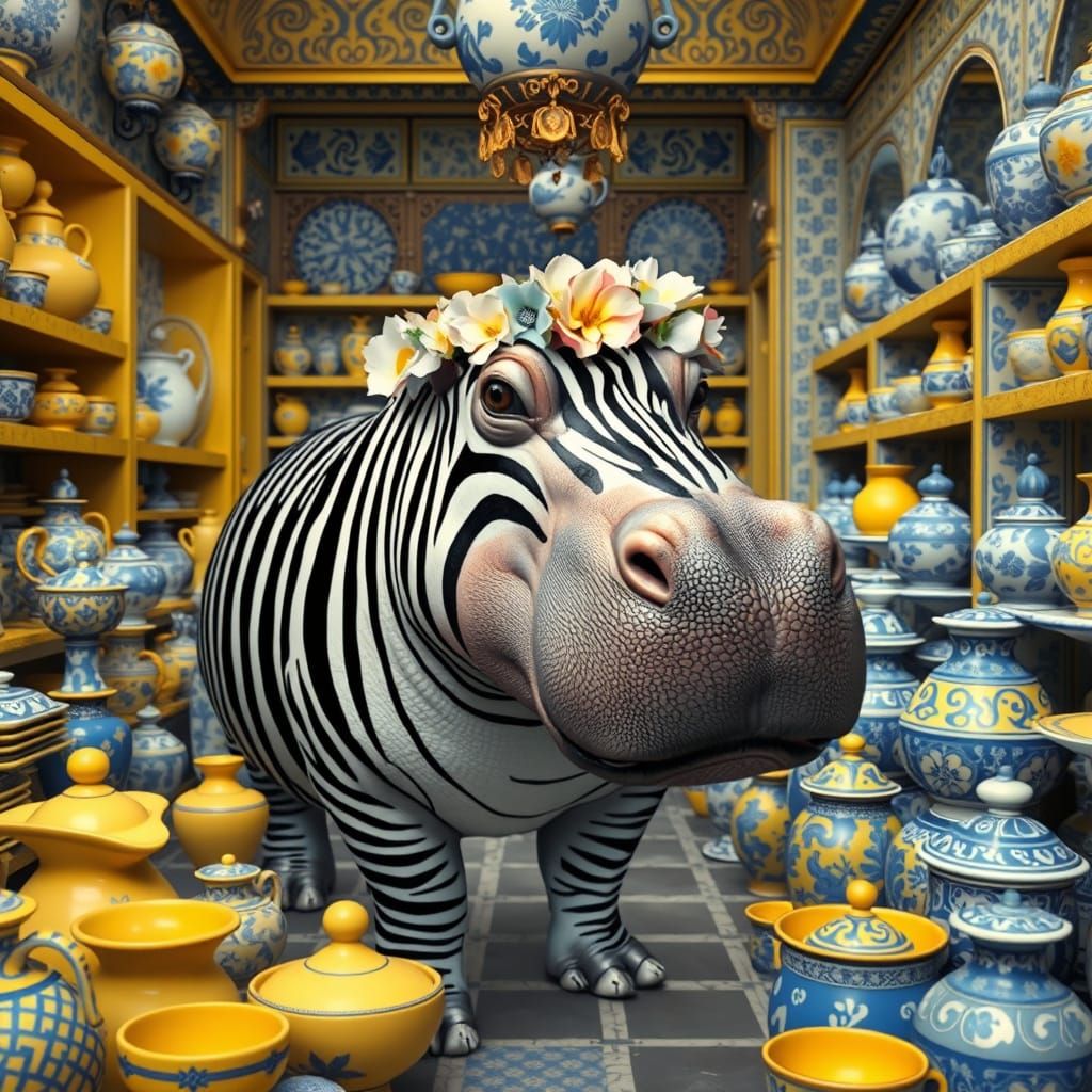 Hippopotamus in Whimsical Porcelain Shop with Zebra Stripes