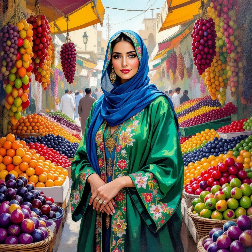 Bagdad Fruit Market: Woman in Green Robe, Digital Art