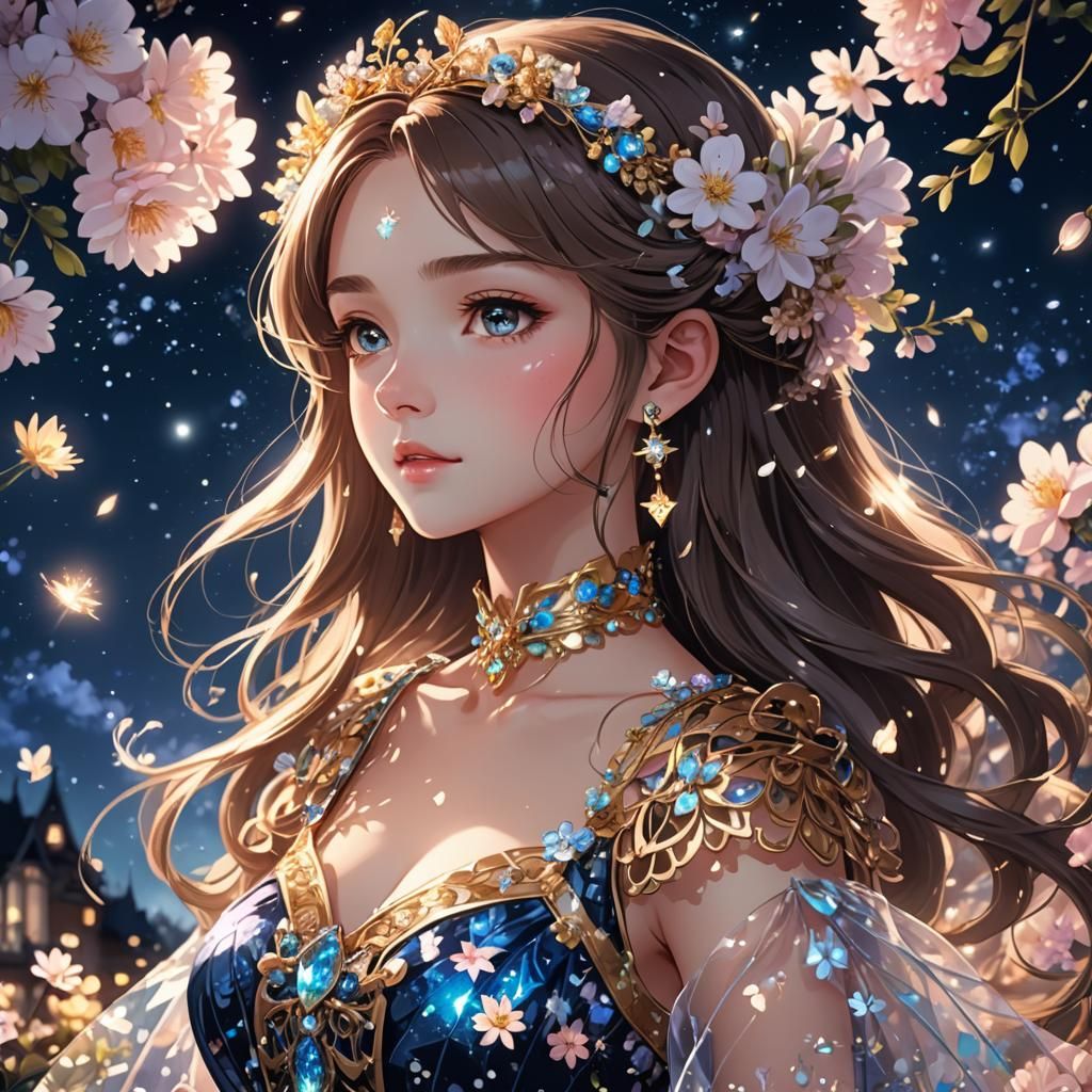 Princess Portrait with Sparkling Flowers in Anime Style