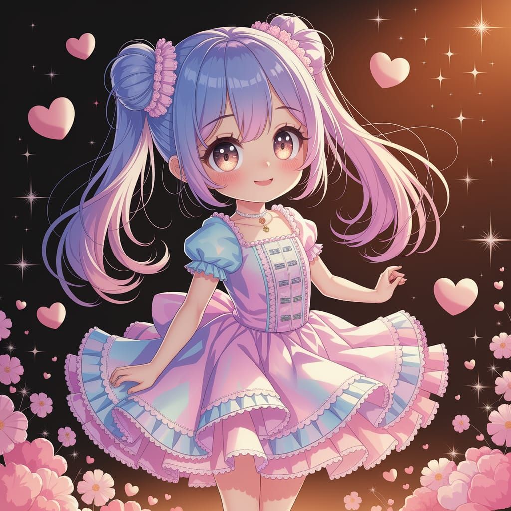 Kawaii Anime Girl with Hearts and Stars