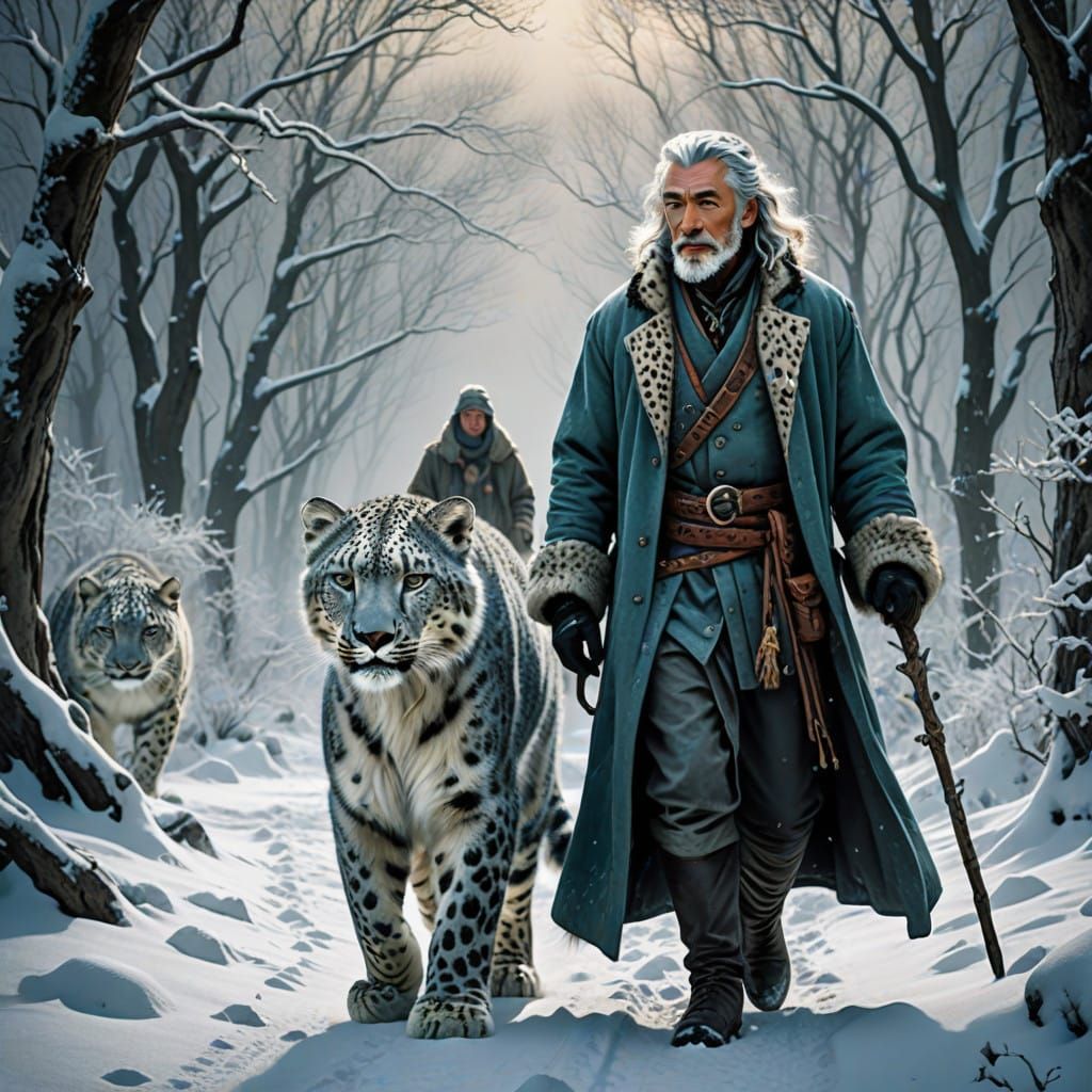 Ethereal Winter Landscape with Druid and Snow Leopard