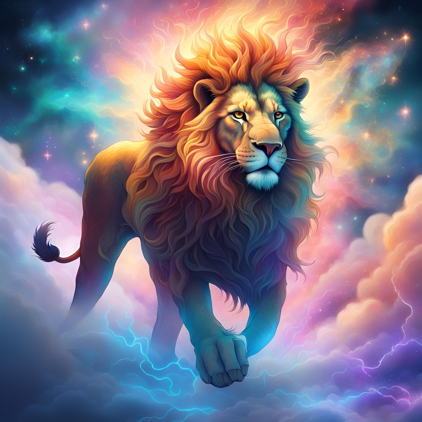 Lion Leaping from Cosmic Clouds in Mixed Media