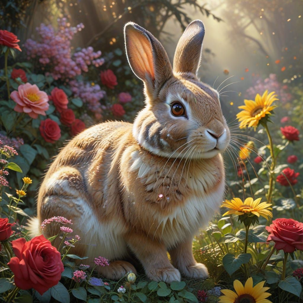 Whimsical Rabbit in a Vibrant Garden Oasis