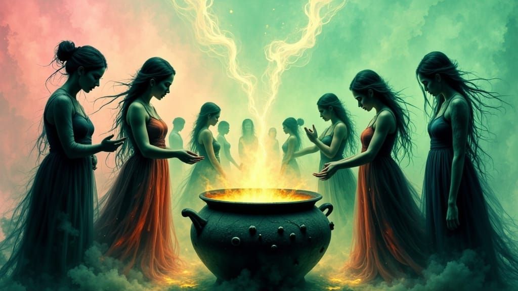 Sorceresses Dance Around Cauldron in Surreal Abstract Style