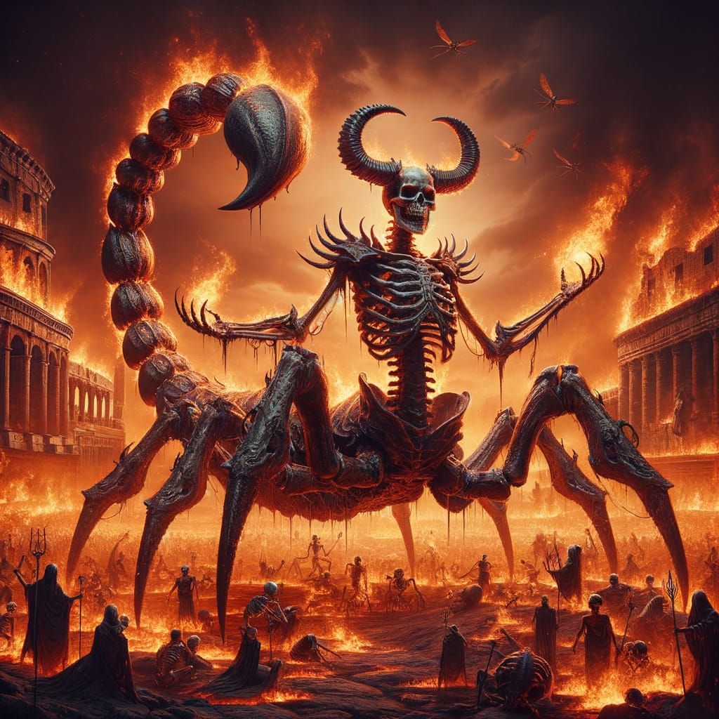 Eerie Dark Fantasy: Colossal Scorpion Humanoid Casts Firebal...